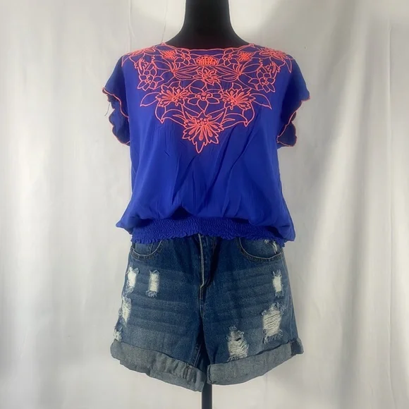 Blue asphalt distressed, folded, ripped,Jean shorts, high rise, size Small - Picture 3 of 5